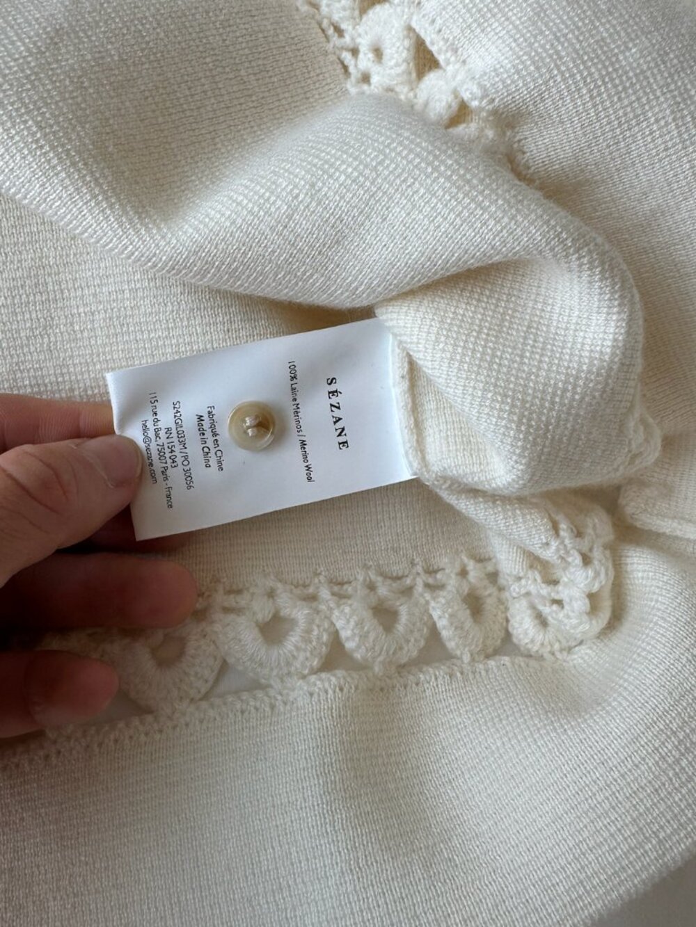 Sézane white merino wool cardigan with lace trim and buttons - Picture 4 of 4